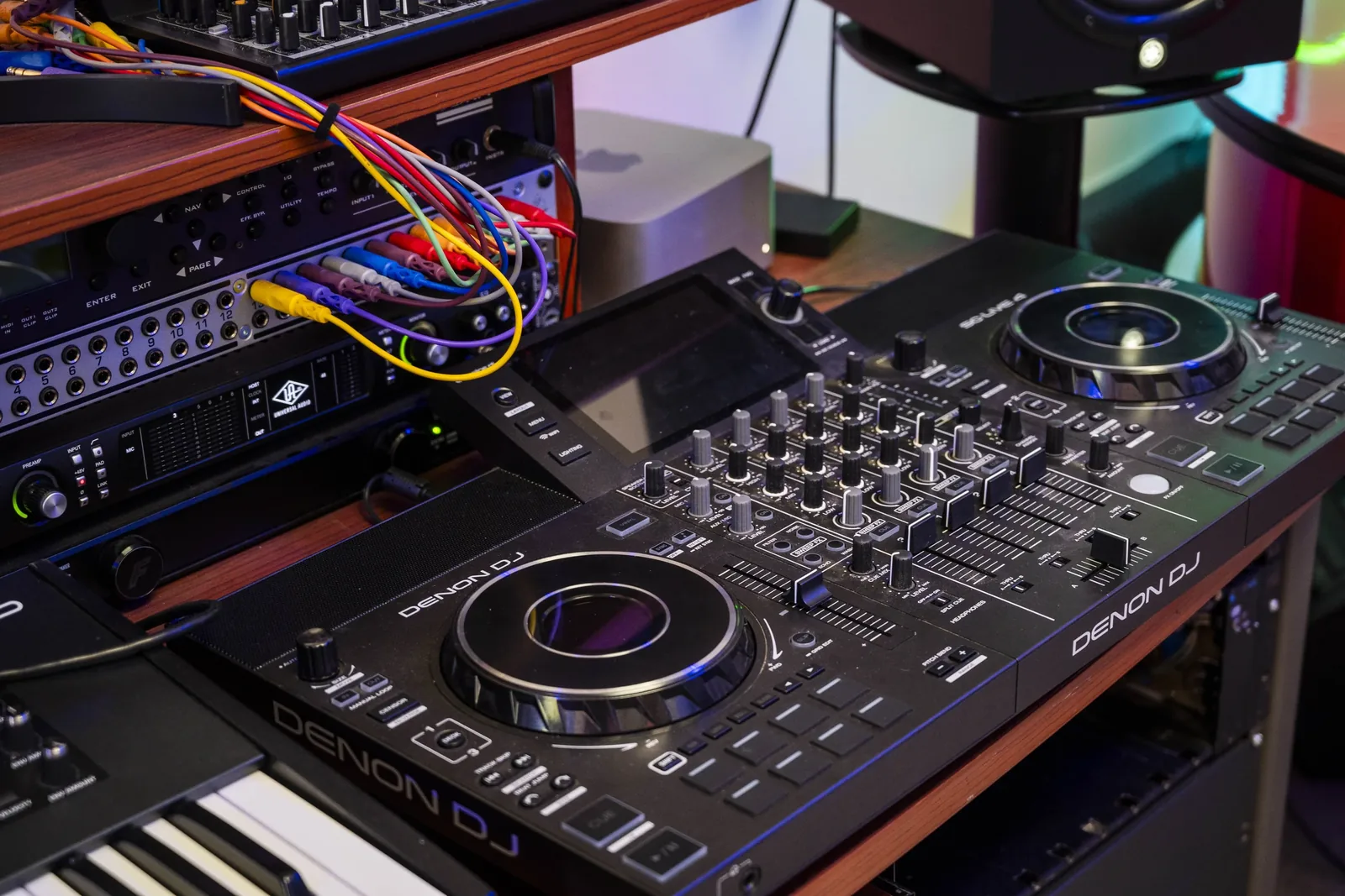 The studio control desk — Denon players, Universal Audio rack and synths
