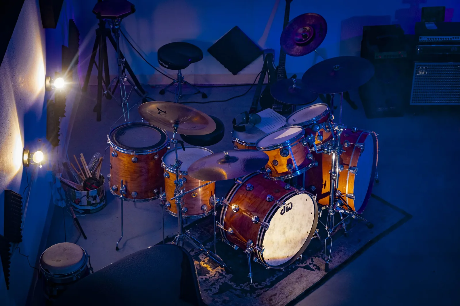 The live drum room lit up after dark